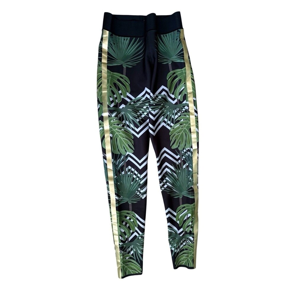 ULTRACOR Palm Leaf Green and Black Training Leggings Size Small Gold Stripe